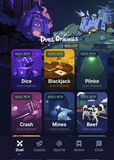 Duel Originals im mobilen Browser mit Dice, Blackjack, Plinko und weiteren Spielen