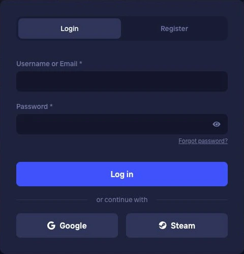 Duel-Login: Benutzername oder E-Mail, Passwort sowie Google und Steam